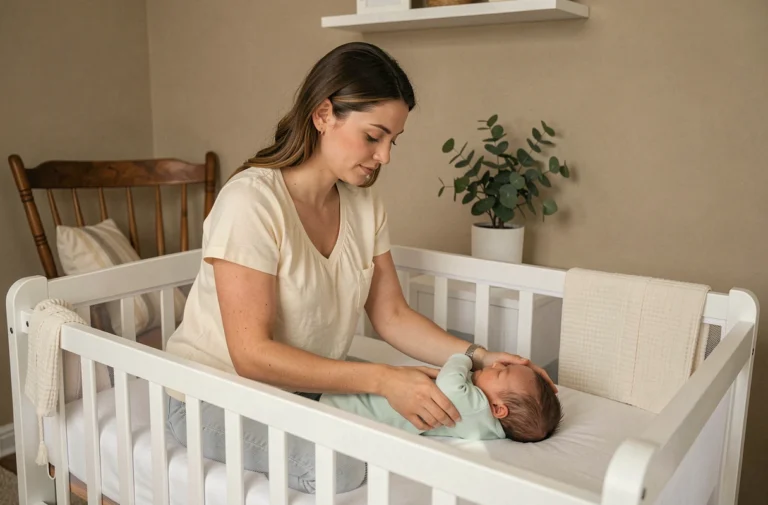 Jeune mère déposant délicatement son nouveau-né dans un berceau blanc dans une chambre de bébé apaisante aux tons beiges