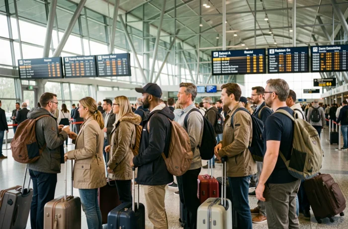 Groupe de migrants et immigrants adultes dans un terminal d'aéroport international consultant les tableaux de départ, illustrant les concepts de migration et d'immigration