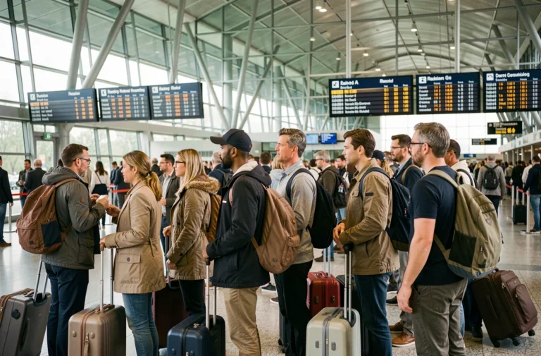 Groupe de migrants et immigrants adultes dans un terminal d'aéroport international consultant les tableaux de départ, illustrant les concepts de migration et d'immigration
