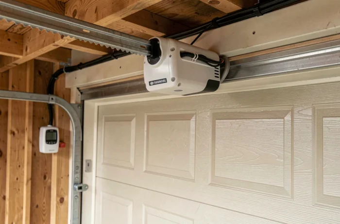 Moteur de porte de garage sectionnelle fixé au plafond avec rail d'entraînement et panneau de commande mural