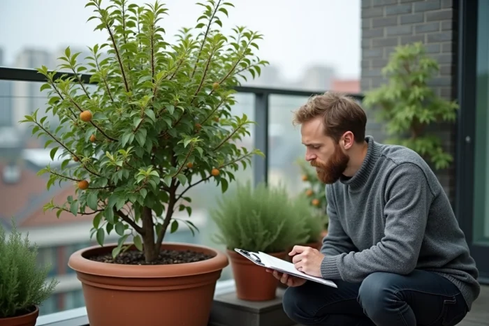 Homme prenant des notes devant un mûrier platane en pot sur un balcon urbain sans production de fruits
