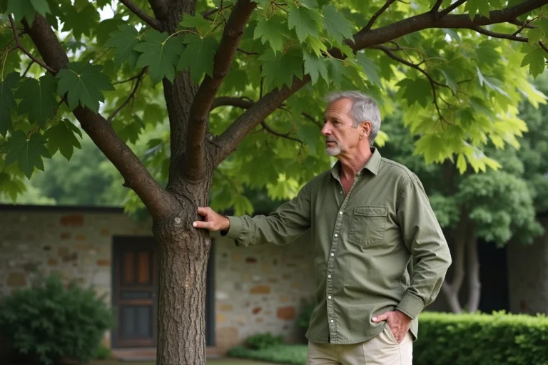 Homme examinant un mûrier platane sans fruits dans un jardin résidentiel au printemps
