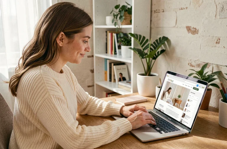 Jeune femme naviguant sur le site Magmoiselle depuis son ordinateur portable dans un espace de travail à domicile