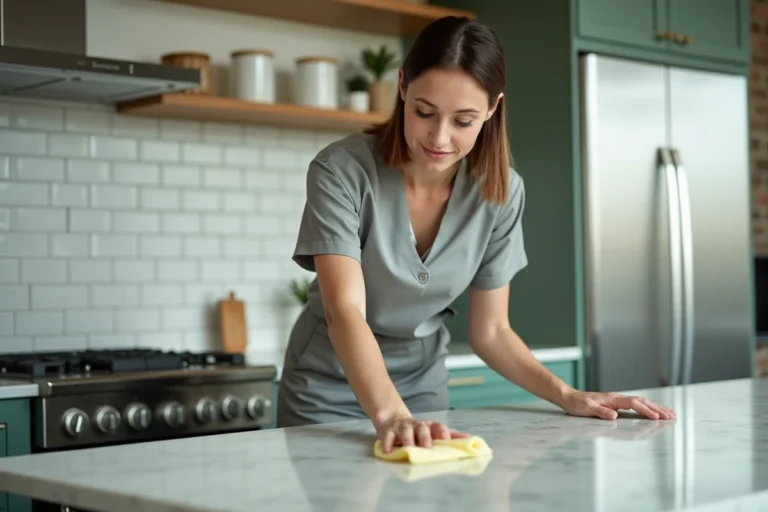 Femme de ménage professionnelle nettoyant les plans de travail d'une cuisine moderne dans un appartement, illustrant les tarifs de nettoyage à domicile