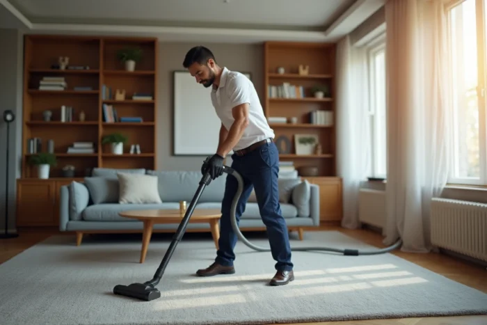 Professionnel du nettoyage passant l'aspirateur dans un grand salon d'appartement meublé, pour illustrer les facteurs influençant le prix du ménage
