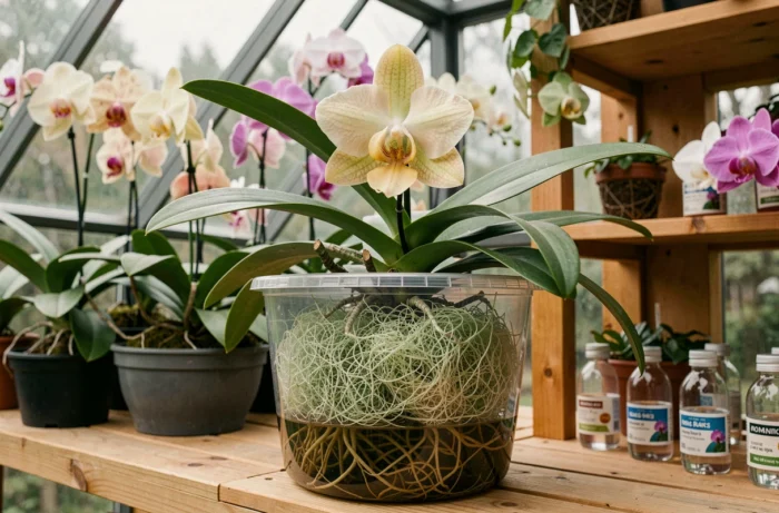 Orchidée Cattleya en pot transparent avec sphaigne et eau en semi-hydroponie sur une étagère de serre