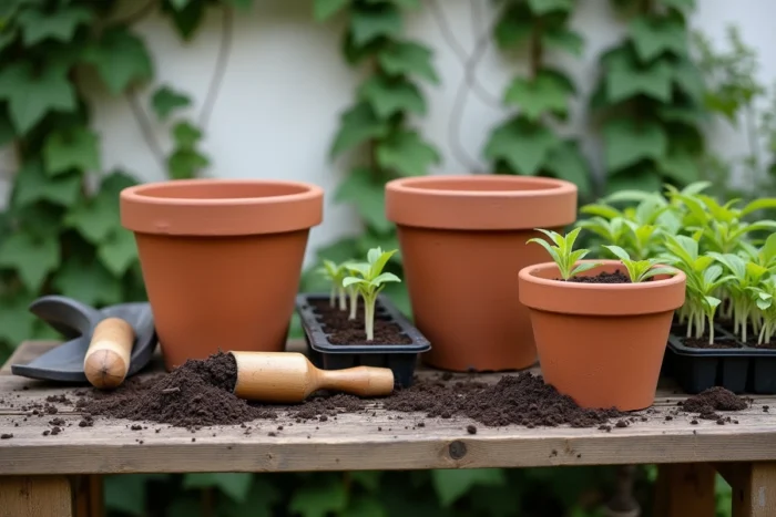 Table de rempotage avec outils de jardinage, pots en terre cuite et jeunes semis