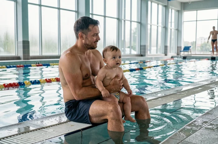 Père et bébé assis au bord de la piscine lors d'une séance bébés nageurs à Poitiers