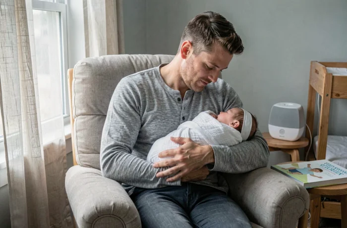 Père tenant son nourrisson emmailloté dans une couverture en mousseline blanche, assis dans un fauteuil de chambre bébé