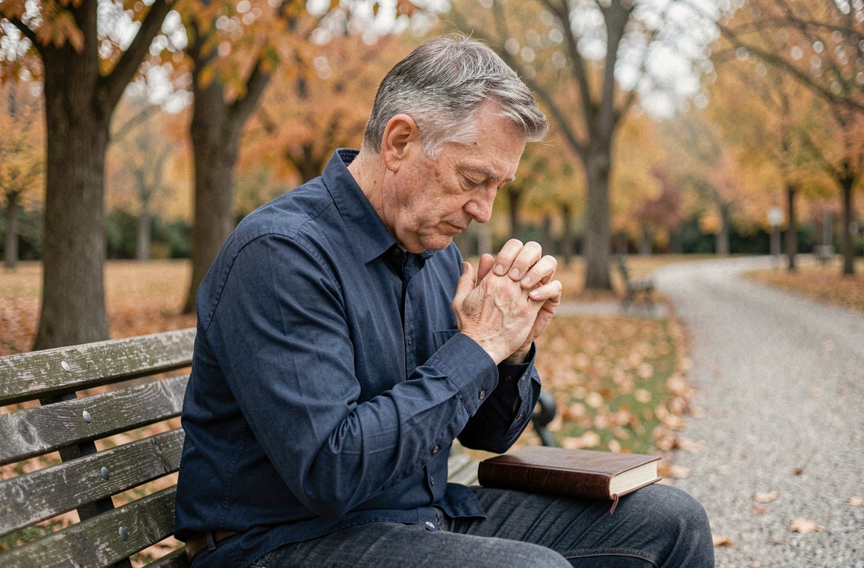 Père assis sur un banc de parc en méditation avec une Bible, symbolisant la douleur des familles divisées