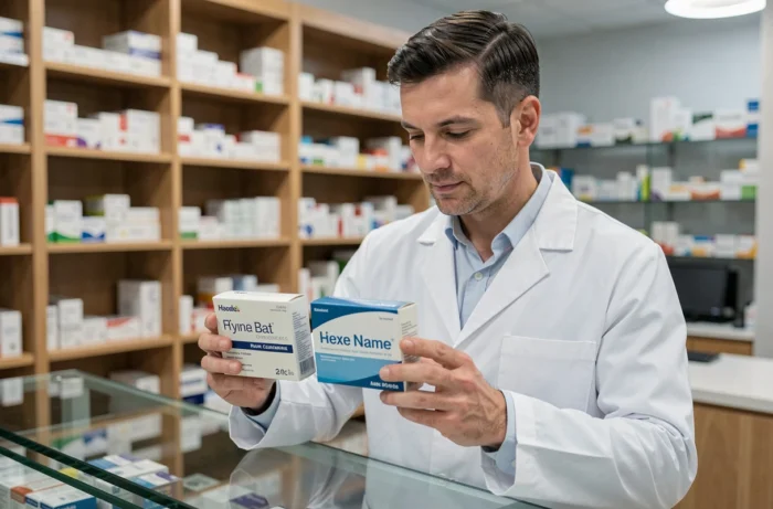 Pharmacien comparant deux boîtes de médicaments lors du changement de Zetmir en Dirmox en 2024