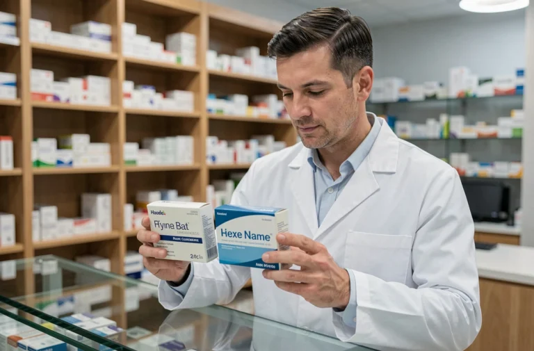 Pharmacien comparant deux boîtes de médicaments lors du changement de Zetmir en Dirmox en 2024