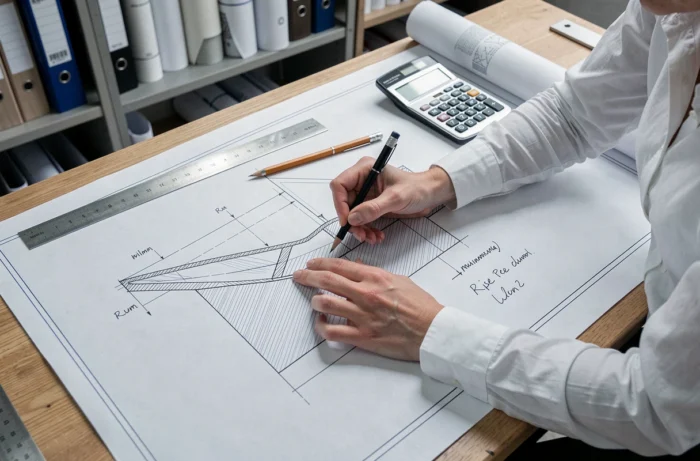 Plan architectural d'une rampe avec calculs de distance et pourcentage de pente annotés à la main sur une table à dessin