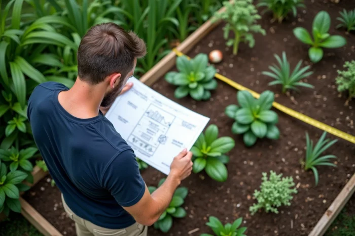Homme planifiant la surface de son potager sur papier quadrillé avec une parcelle légumière bien délimitée vue de haut