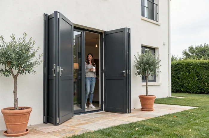 Portes coulissantes en aluminium anthracite sur mesure ouvrant sur une terrasse de maison contemporaine française
