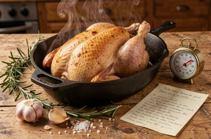 Poulet rôti entier dans une cocotte en fonte sortant du four à basse température, entouré d'herbes et d'ail