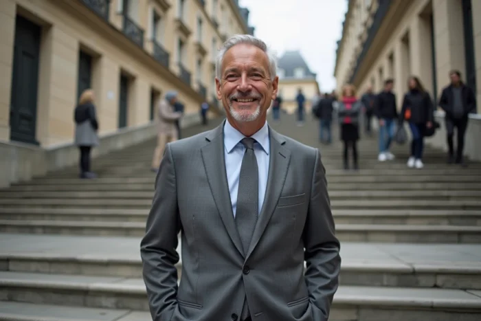 Présentateur de télévision français de grande taille devant un bâtiment parisien