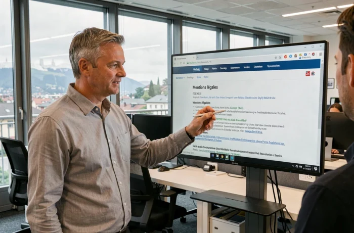 Professionnel présentant les mentions légales obligatoires d'un site web suisse sur un grand écran dans un espace de travail collaboratif