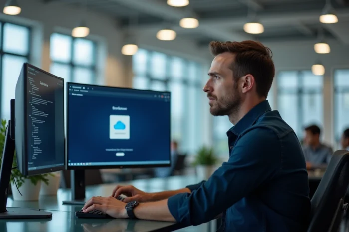 Homme en bureau professionnel face à une erreur de connexion cloud sur deux écrans