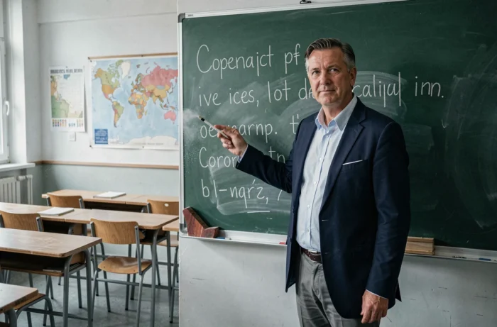 Professeur de français d'âge mûr pointant une phrase correctement orthographiée sur un tableau vert dans une salle de classe