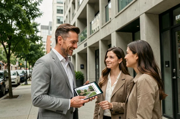 Professionnel de l'immobilier présentant un appartement à un couple devant un immeuble moderne en milieu urbain