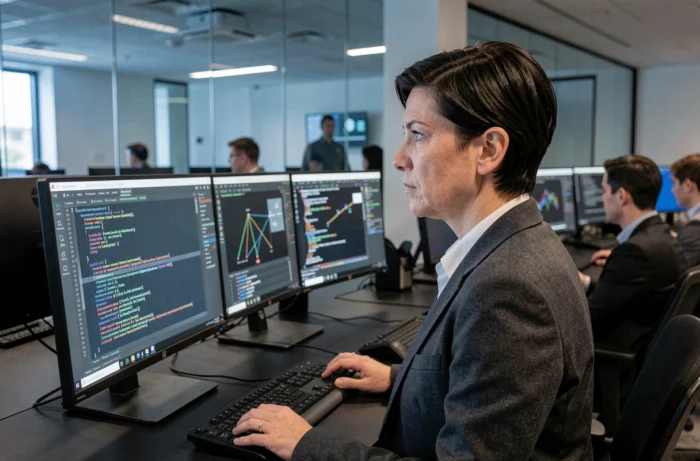 Professionnelle en cybersécurité analysant des données sur plusieurs écrans dans un centre opérationnel moderne