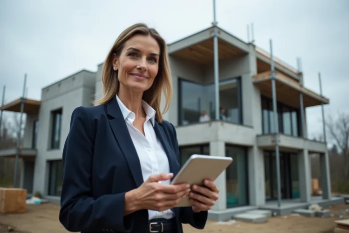 Professionnelle de l'immobilier devant un chantier de construction résidentielle moderne