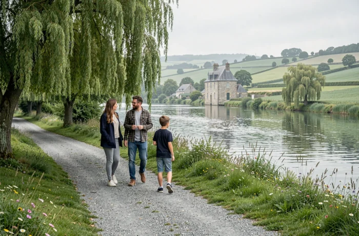 Famille se promenant dans un parc naturel au bord de la rivière dans la communauté de communes de Guingamp