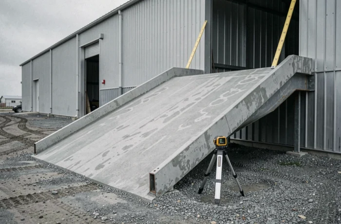 Rampe industrielle en béton avec trépied laser et mire de mesure pour calculer le pourcentage de pente et la distance d'inclinaison