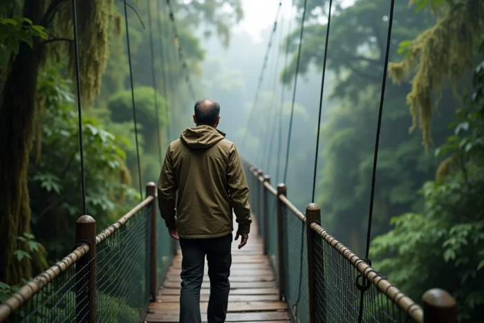 Randonneur sur un pont suspendu dans la forêt tropicale du Costa Rica au milieu des brumes matinales