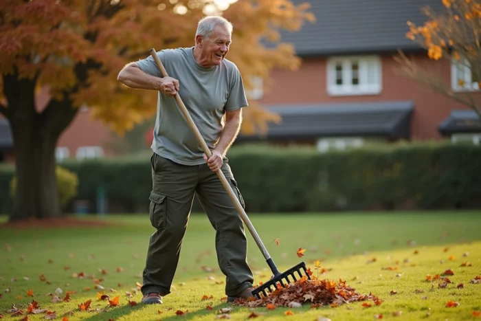 Homme ratissant les feuilles mortes dans un grand jardin en automne