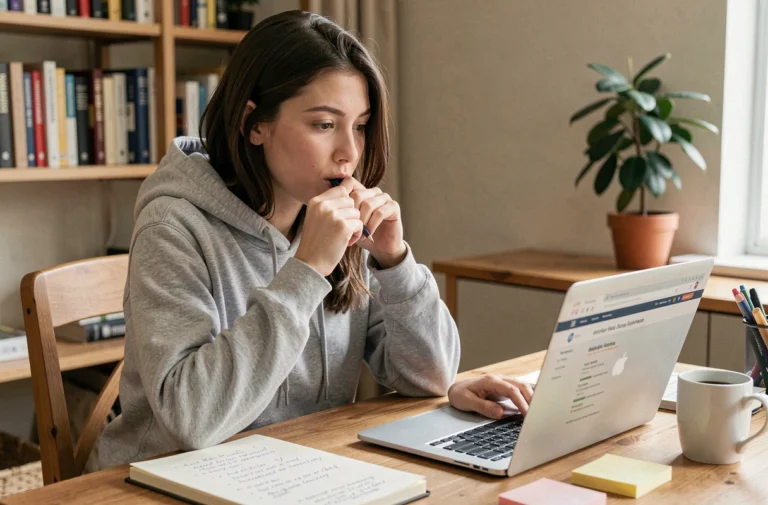 Jeune femme cherchant un emploi d'animateur sur un site internet depuis son bureau à domicile