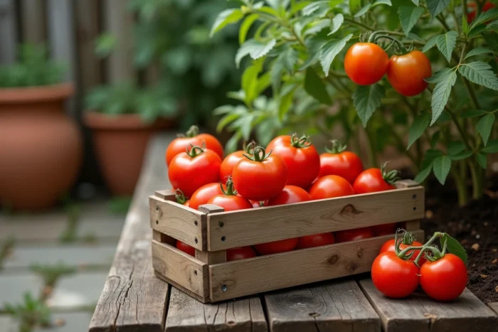 Caisse en bois de tomates mûres posée près d'un plant encore en cours de maturation dans un jardin potager