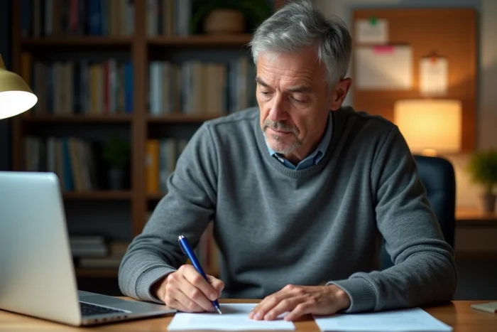 Propriétaire rédigeant une lettre de résiliation de bail à son bureau à domicile