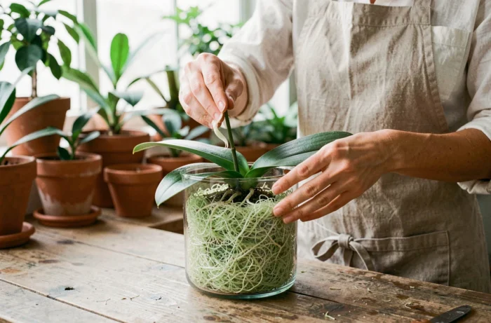 Mains de femme rempotant une orchidée Phalaenopsis dans de la sphaigne verte pour la semi-hydroponie