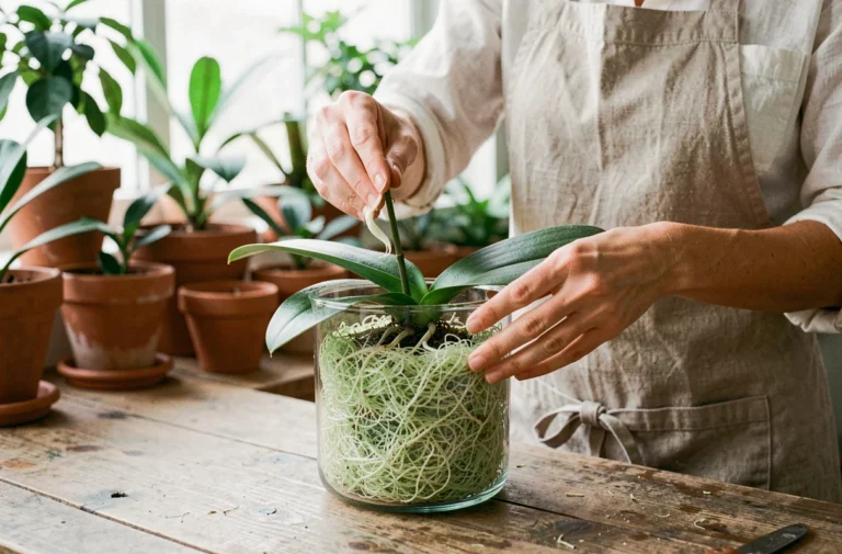 Mains de femme rempotant une orchidée Phalaenopsis dans de la sphaigne verte pour la semi-hydroponie