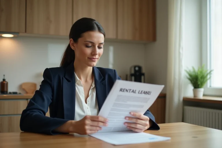 Locataire féminine révisant un contrat de bail locatif à la table de cuisine d'un appartement moderne