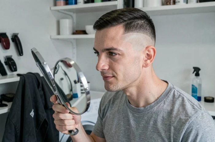 Homme inspectant sa coupe dégradé à blanc réalisée à la maison avec un miroir à main