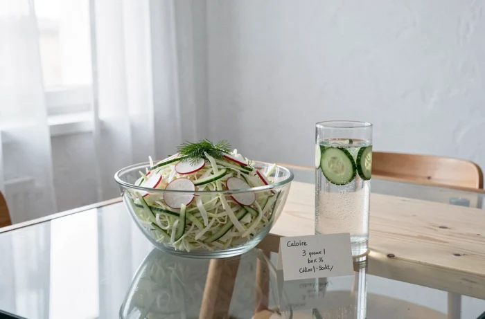 Bol de salade santé sans calories avec concombre et chou, servi sur une table minimaliste avec un verre d'eau pétillante