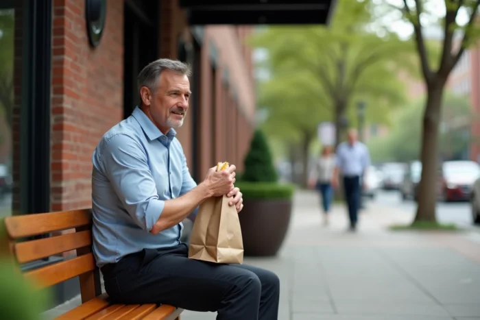 Salarié en pause déjeuner assis à l'extérieur de son entreprise, mangeant un sandwich, symbolisant la liberté de quitter le lieu de travail pendant la pause réglementaire