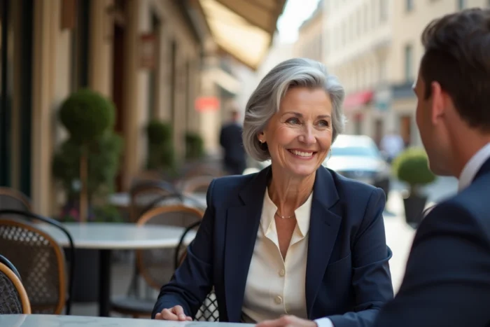 Femme élégante de plus de 60 ans souriante à une terrasse de café parisien, incarnant la séduction et la confiance après 60 ans