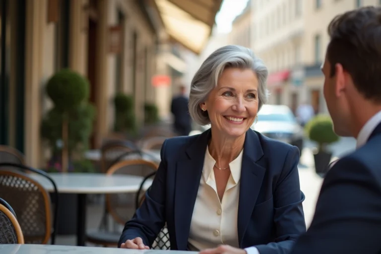 Femme élégante de plus de 60 ans souriante à une terrasse de café parisien, incarnant la séduction et la confiance après 60 ans
