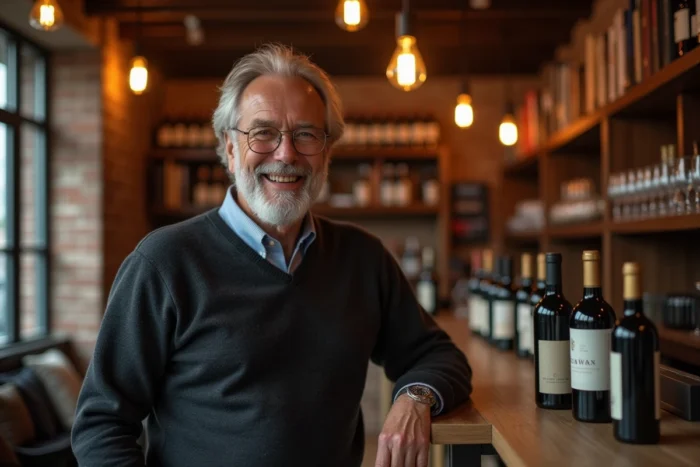 Homme distingué de plus de 60 ans riant avec confiance dans un bar à vins chaleureux, illustration de la séduction masculine après 60 ans