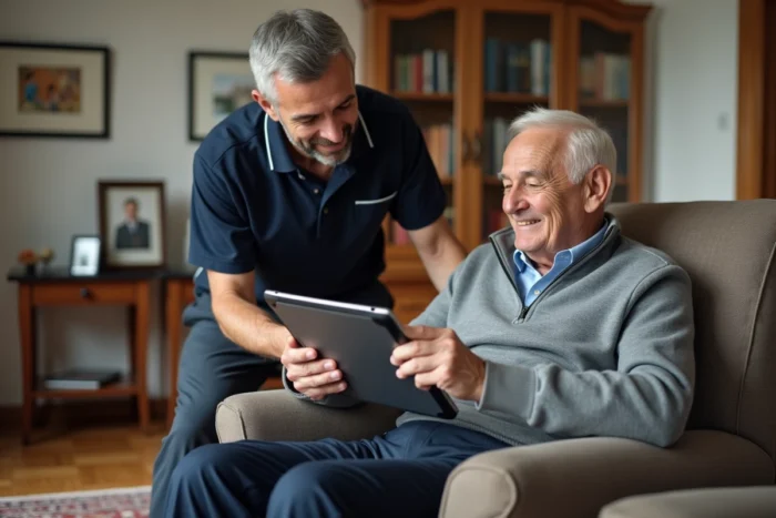 Un senior et son aidant professionnel consultent une tablette pour optimiser les prestations d'Âge d'Or Services et alléger la facture