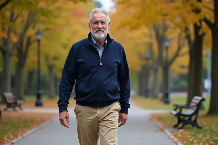 Homme senior marchant dans un parc en automne, activité physique douce favorisant le bien-être et la santé des seniors