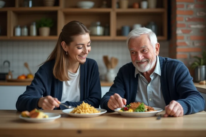 Senior partageant un repas en famille dans une cuisine chaleureuse, symbole de lien social et de bien-être des personnes âgées