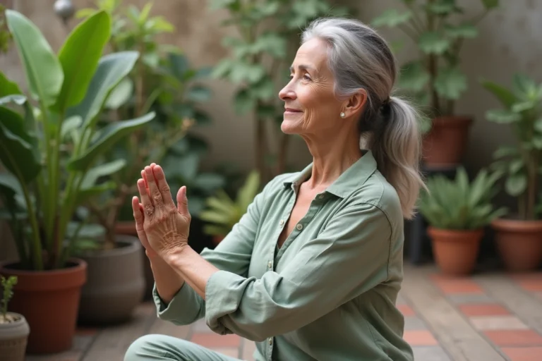 Femme senior pratiquant le yoga doux sur un balcon entouré de plantes vertes pour son bien-être quotidien