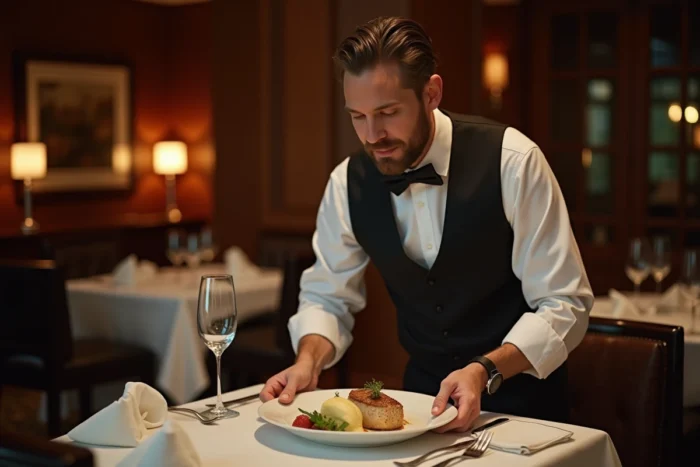 Serveur d'hôtel en tenue professionnelle servant un dîner gastronomique dans le cadre d'une formule pension complète