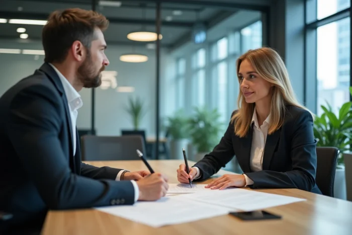 Locataire et agent immobilier échangeant des documents lors d'une résiliation de bail en agence