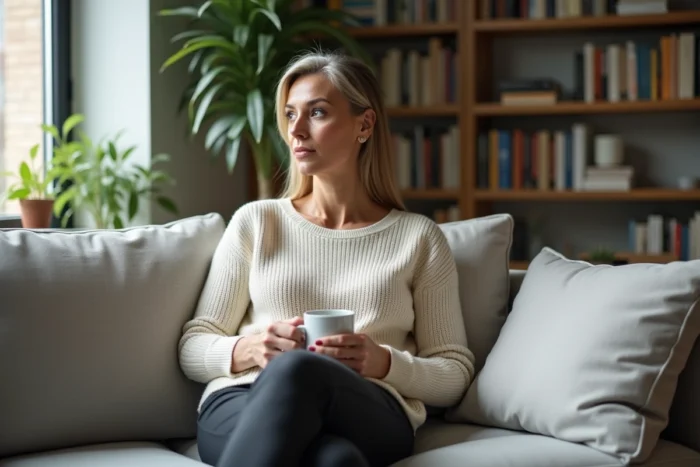 Femme élégante dans un appartement moderne tenant un café, portrait lifestyle évoquant l'intimité et la vie personnelle